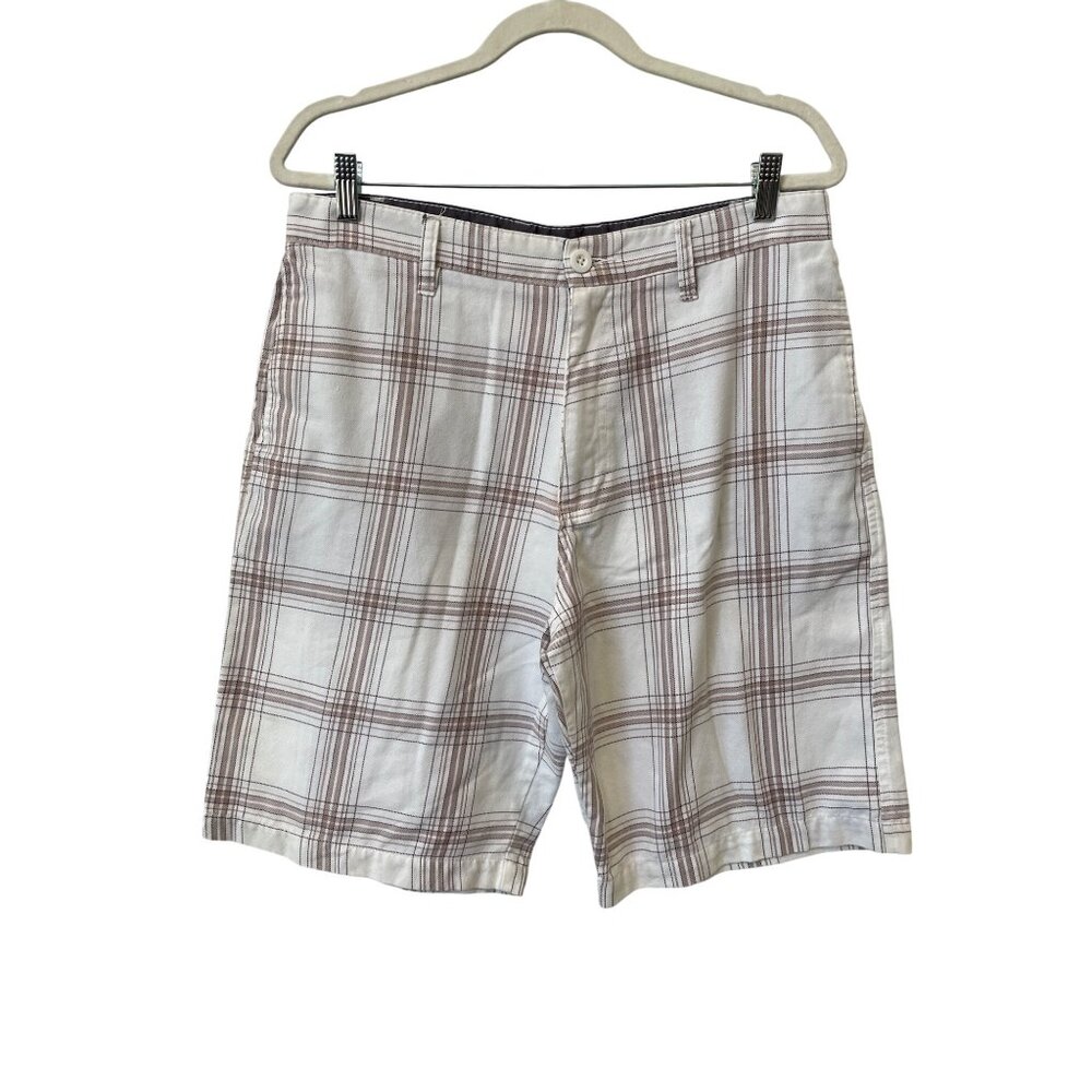 Subculture Plaid Casual Shorts White Beige Size 34 Flat Front Pockets Outings